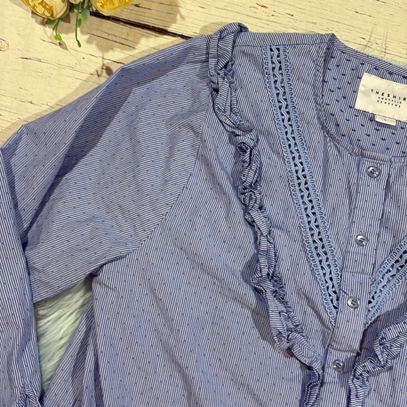 The Shirt Rochelle Behrens Stripe Ruffle Trim Button Front Blouse - Picture 5 of 9